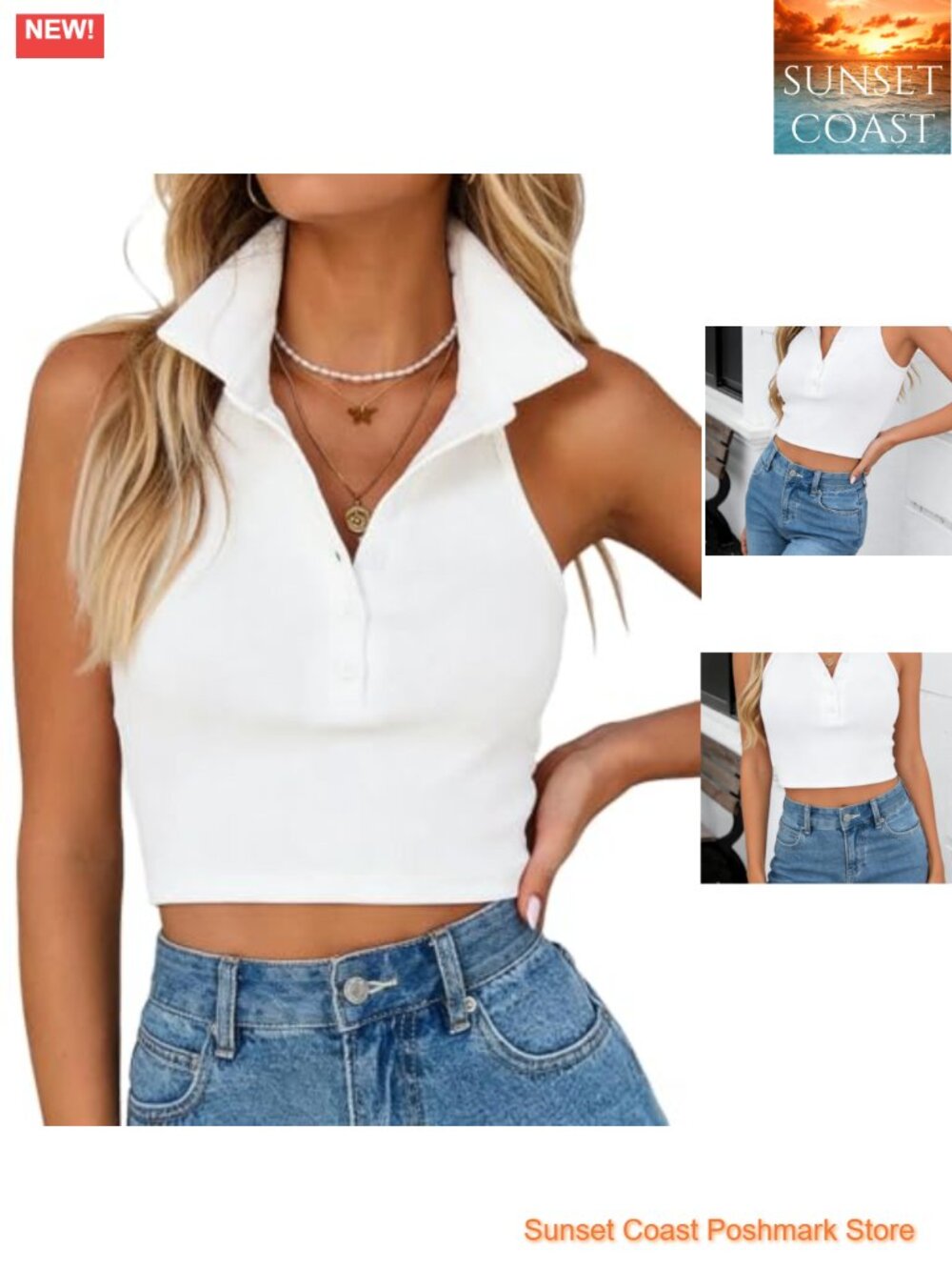 Remidoo Halter Crop Top Sleeveless Collared Button V-Neck Ribbed Fitted